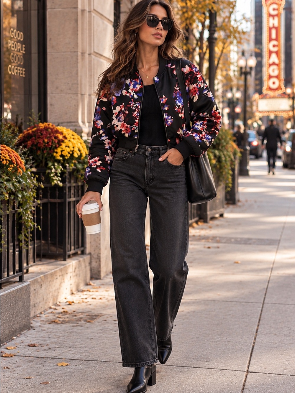 Brave Soul Black Floral Satin Bomber Jacket